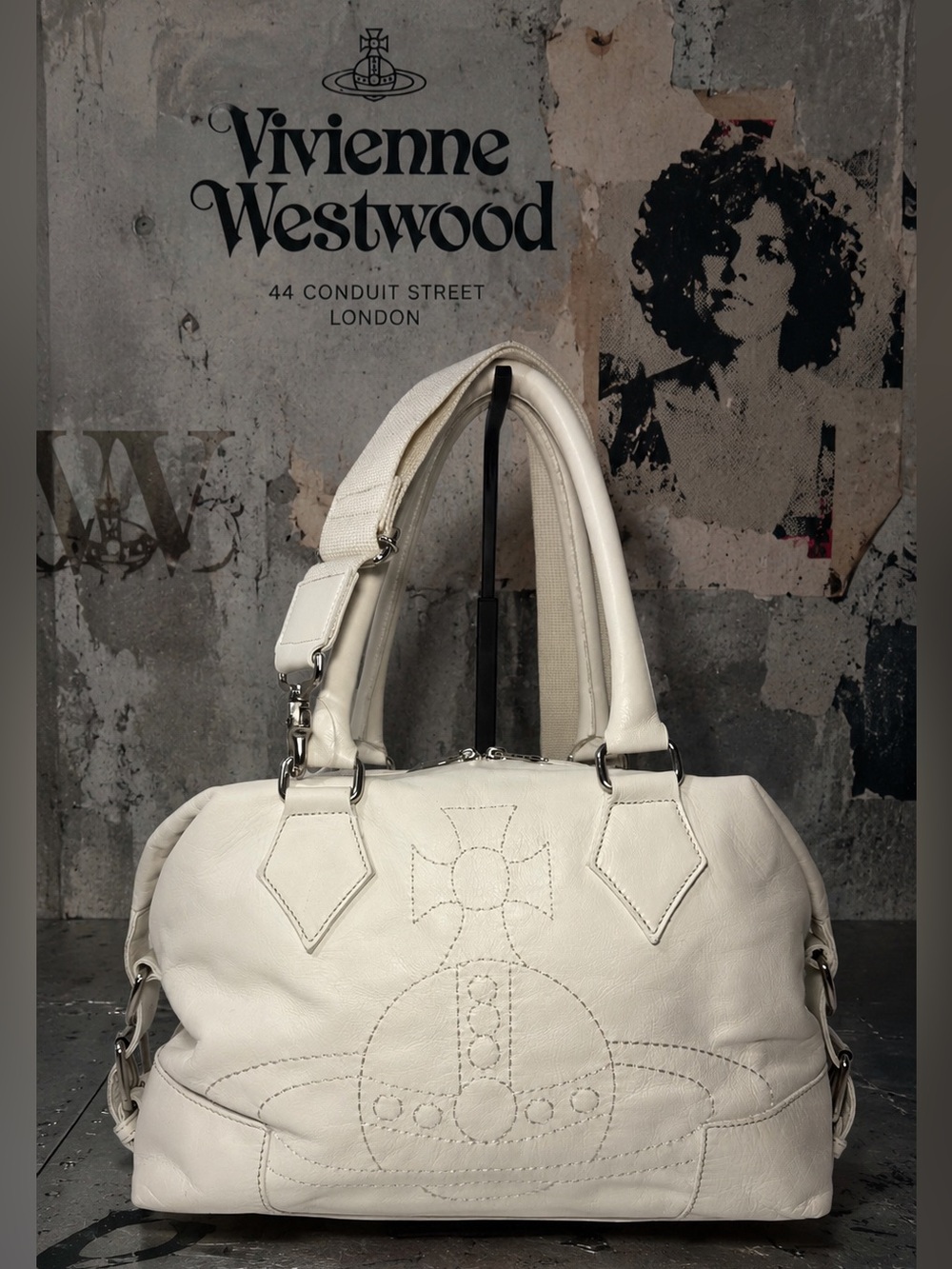 Vivienne Westwood Ivory Leather Satchel with Orb Stitching